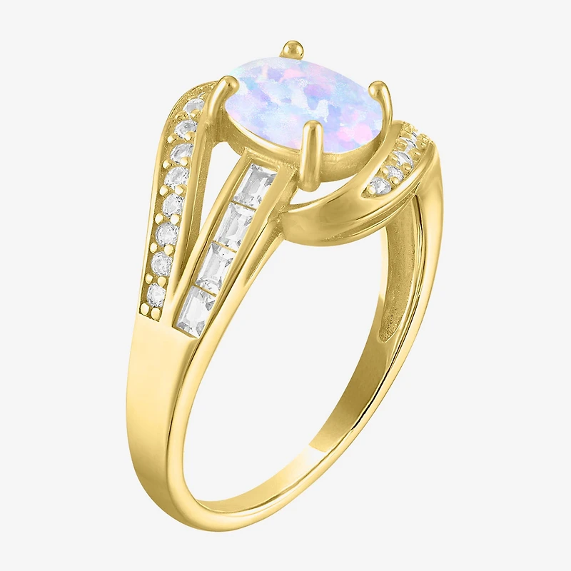 Womens Lab Created White Opal 14K Gold Over Silver Crossover Side Stone Cocktail Ring
