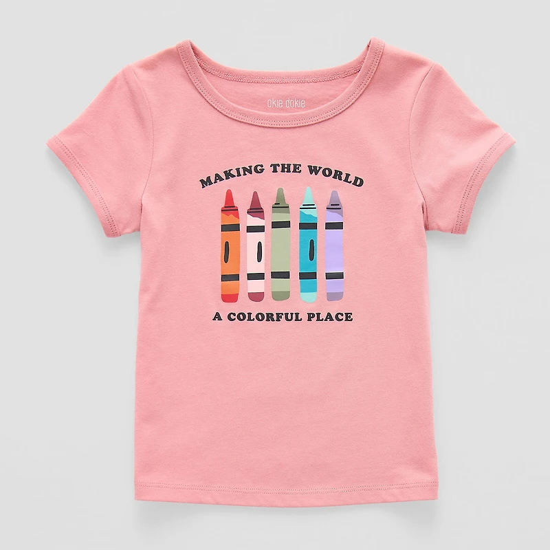 Okie Dokie Toddler & Little Girls U Neck Short Sleeve Regular Fit Graphic T-Shirt