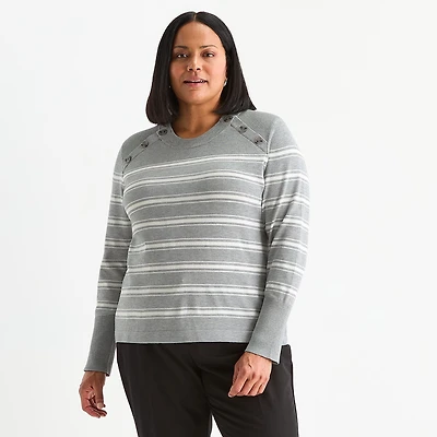 Liz Claiborne Plus Womens Crew Neck Long Sleeve Striped Pullover Sweater