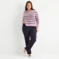 Liz Claiborne Plus Womens Crew Neck Long Sleeve Striped Pullover Sweater