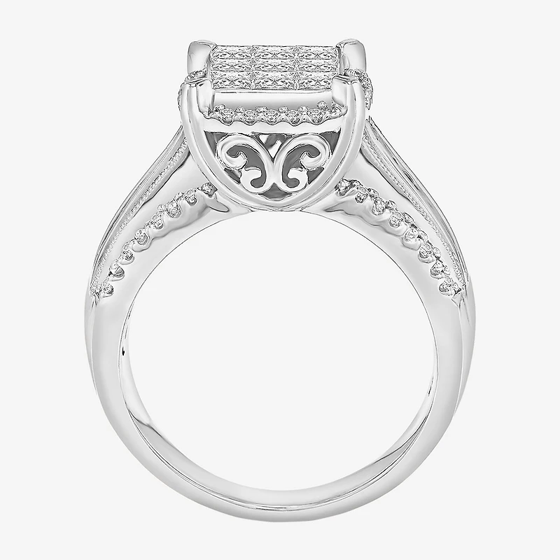 Womens 1 CT. T.W. Lab Grown White Diamond Side Stone Halo Engagement Ring