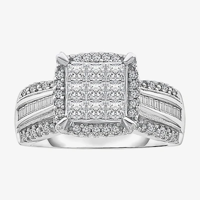 Womens 1 CT. T.W. Lab Grown White Diamond Side Stone Halo Engagement Ring