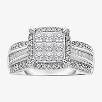 Womens 1 CT. T.W. Lab Grown White Diamond Side Stone Halo Engagement Ring