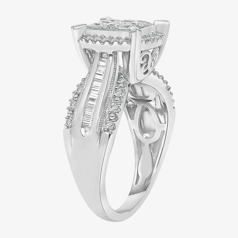 Womens 1 CT. T.W. Lab Grown White Diamond Side Stone Halo Engagement Ring