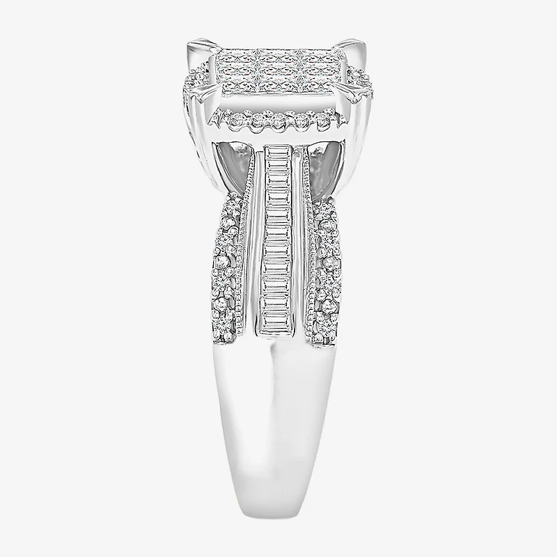 Womens 1 CT. T.W. Lab Grown White Diamond Side Stone Halo Engagement Ring