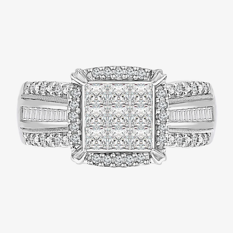 Womens 1 CT. T.W. Lab Grown White Diamond Side Stone Halo Engagement Ring