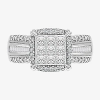 Womens 1 CT. T.W. Lab Grown White Diamond Side Stone Halo Engagement Ring