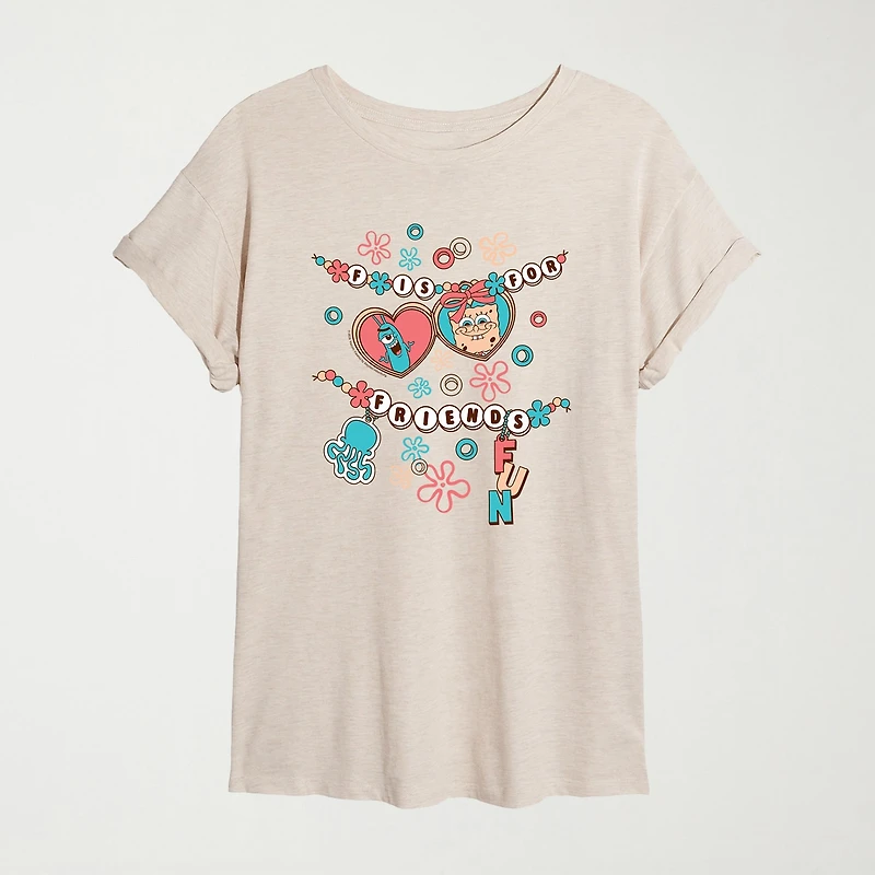 Womens Juniors Crew Neck Short Sleeve Oversized Spongebob Graphic T-Shirt