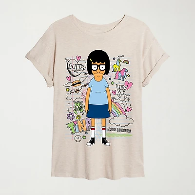 Womens Juniors Crew Neck Short Sleeve Oversized Bob's Burgers Graphic T-Shirt