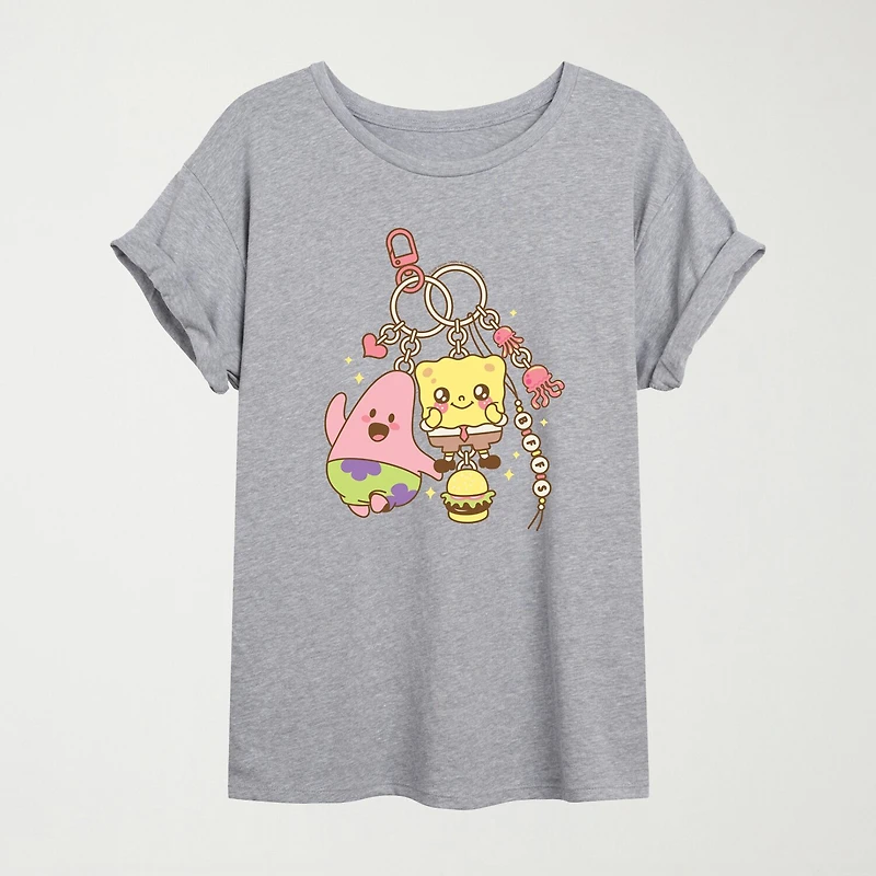 Womens Juniors Crew Neck Short Sleeve Oversized Spongebob Graphic T-Shirt
