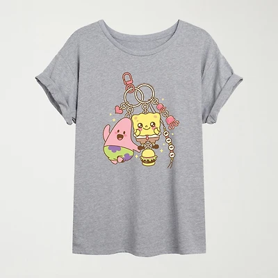 Womens Juniors Crew Neck Short Sleeve Oversized Spongebob Graphic T-Shirt