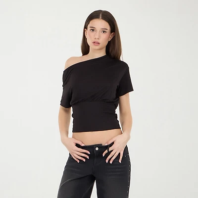 Forever 21 Off The Shoulder Womens Juniors Asymmetrical Neck Short Sleeve T-Shirt