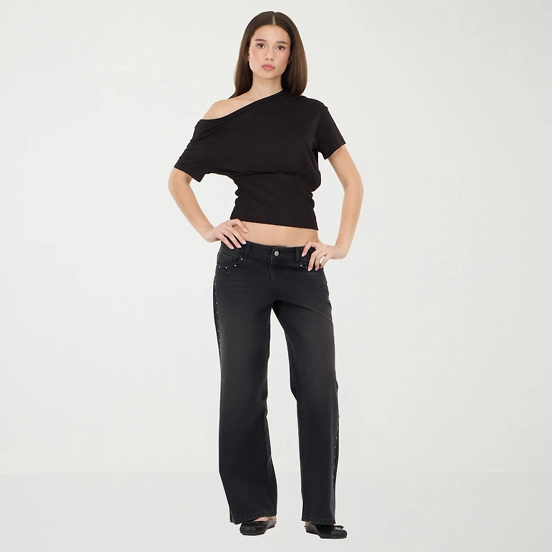 Forever 21 Off The Shoulder Womens Juniors Asymmetrical Neck Short Sleeve T-Shirt
