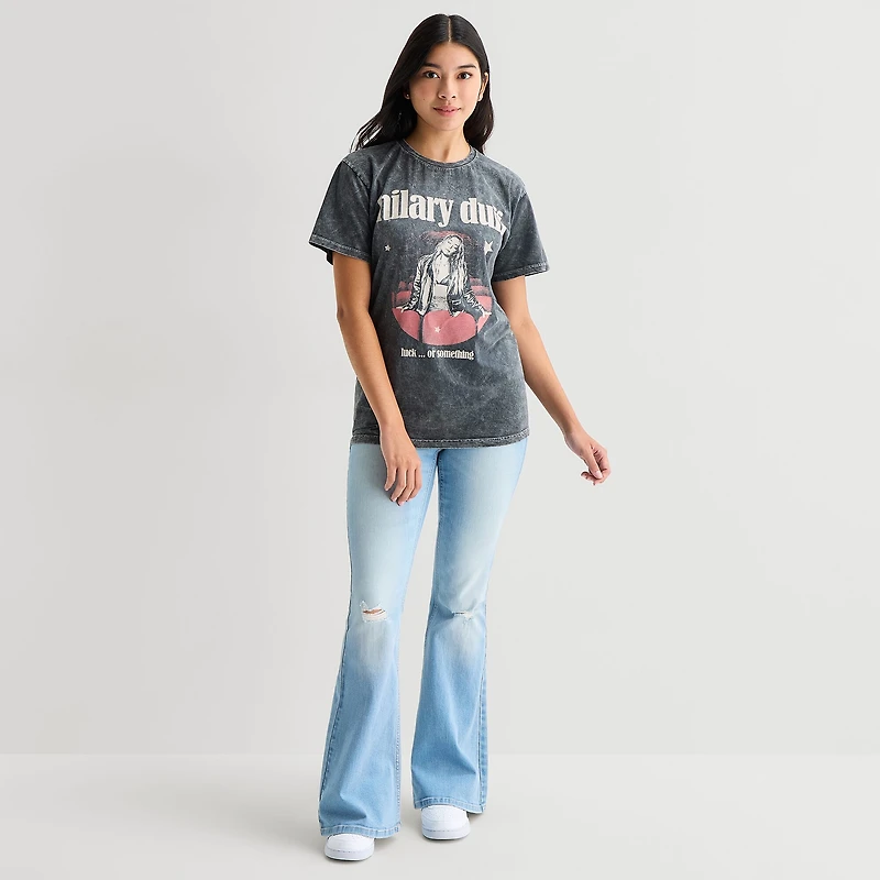 Womens Juniors Crew Neck Short Sleeve Loose Fit Graphic T-Shirt