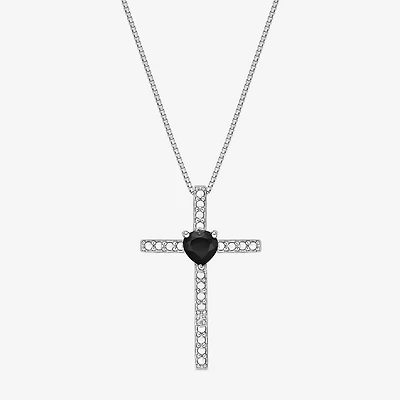 Womens Diamond Accent Genuine Black Onyx Sterling Silver Cross 18 Inch Pendant Necklace
