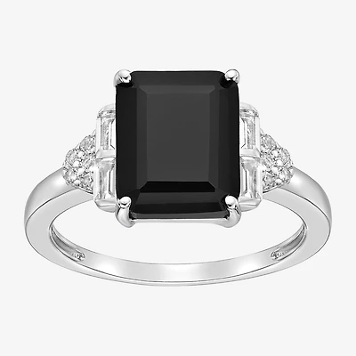 Womens Genuine Black Onyx Sterling Silver Side Stone Cocktail Ring