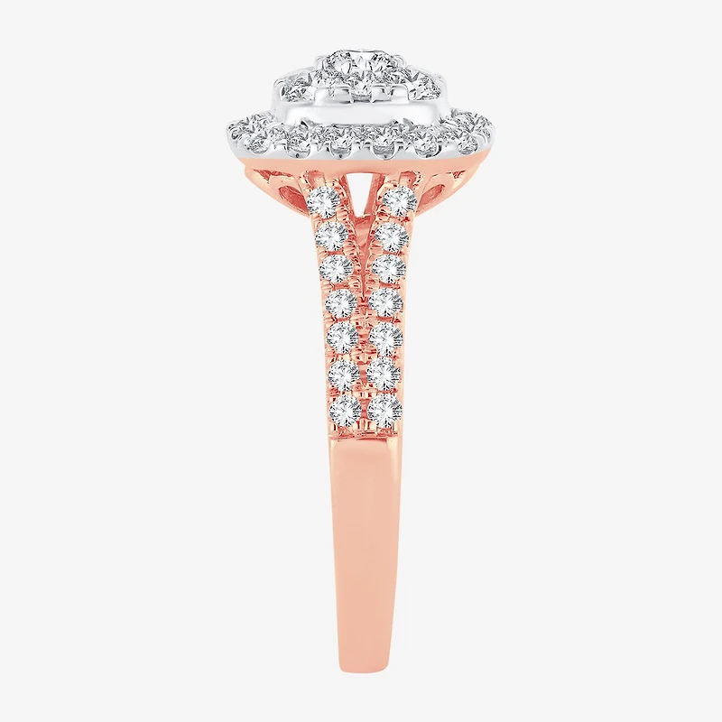(H-I / I1) Womens 1 CT. T.W. Lab Grown White Diamond 10K or 14K Gold Cushion Side Stone Halo Engagement Ring