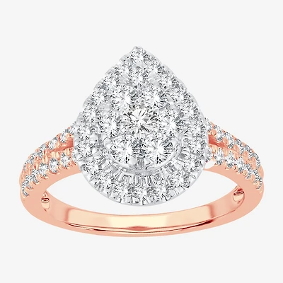 (H-I / I1) Womens 1 CT. T.W. Lab Grown White Diamond 10K or 14K Gold Pear Side Stone Halo Engagement Ring