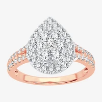 (H-I / I1) Womens 1 CT. T.W. Lab Grown White Diamond 10K or 14K Gold Pear Side Stone Halo Engagement Ring