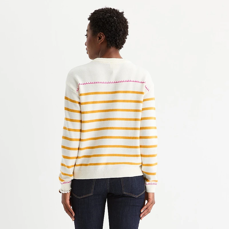 St. John's Bay Womens Crew Neck Long Sleeve Striped Pullover Sweater