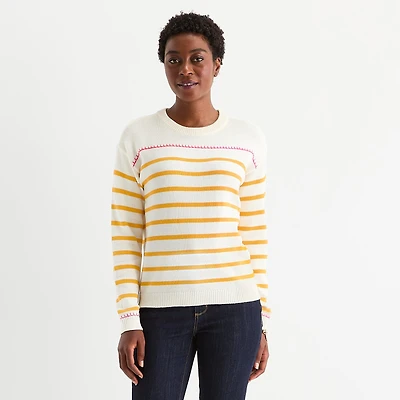 St. John's Bay Womens Crew Neck Long Sleeve Striped Pullover Sweater