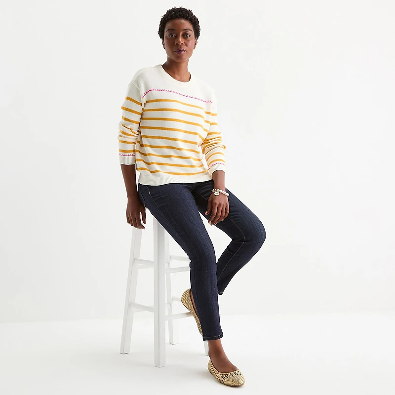 St. John's Bay Womens Crew Neck Long Sleeve Striped Pullover Sweater