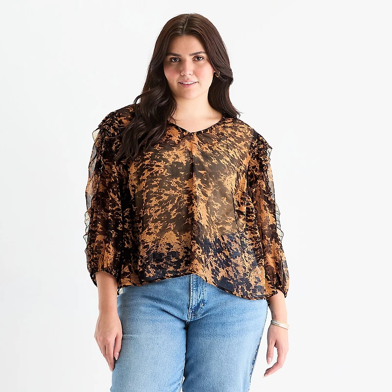 a.n.a Ruffle Womens Plus V Neck Long Sleeve Blouse
