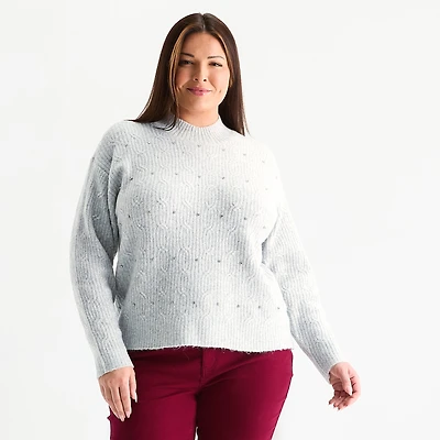 Liz Claiborne Plus Womens Crew Neck Long Sleeve Pullover Sweater