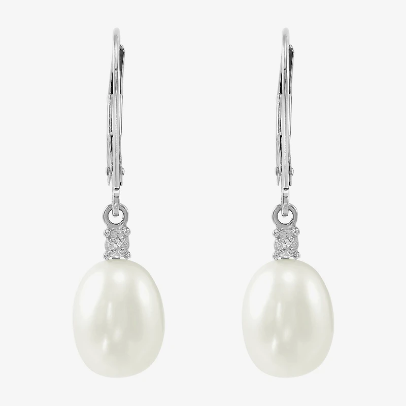 Womens Diamond Accent Natural White Cultured Freshwater Pearl 10K Gold Drop Earrings