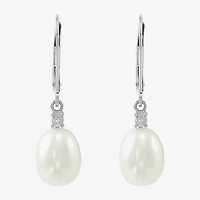 Womens Diamond Accent Natural White Cultured Freshwater Pearl 10K Gold Drop Earrings