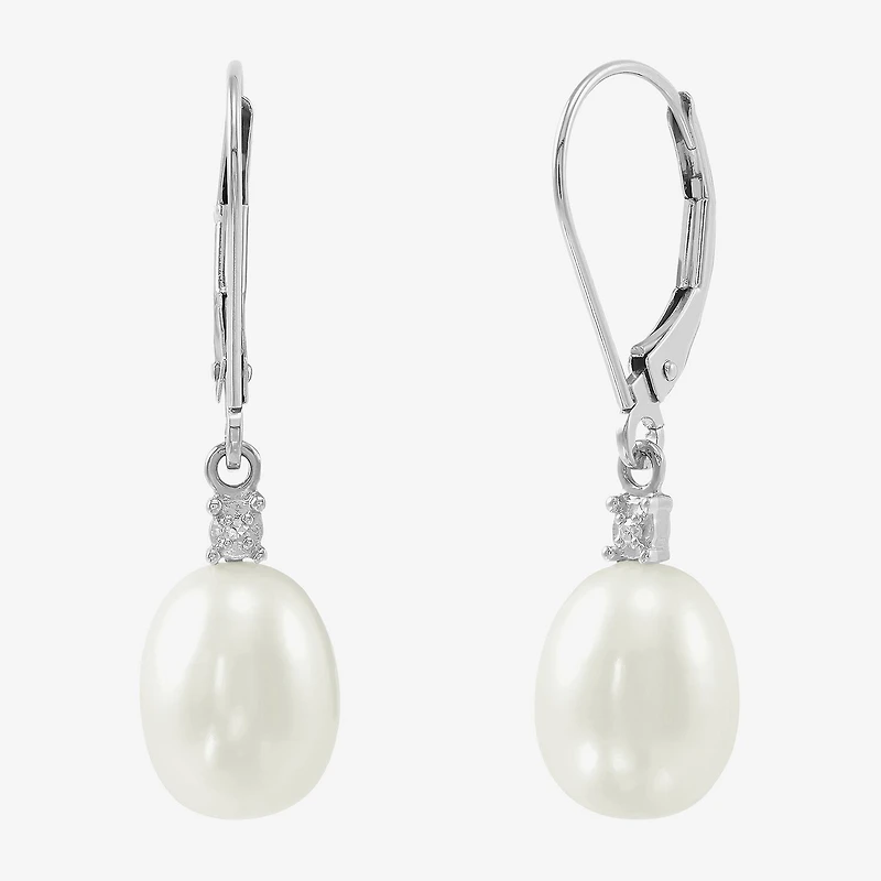 Womens Diamond Accent Natural White Cultured Freshwater Pearl 10K Gold Drop Earrings
