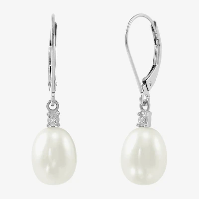 Womens Diamond Accent Natural White Cultured Freshwater Pearl 10K Gold Drop Earrings