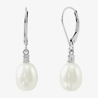 Womens Diamond Accent Natural White Cultured Freshwater Pearl 10K Gold Drop Earrings