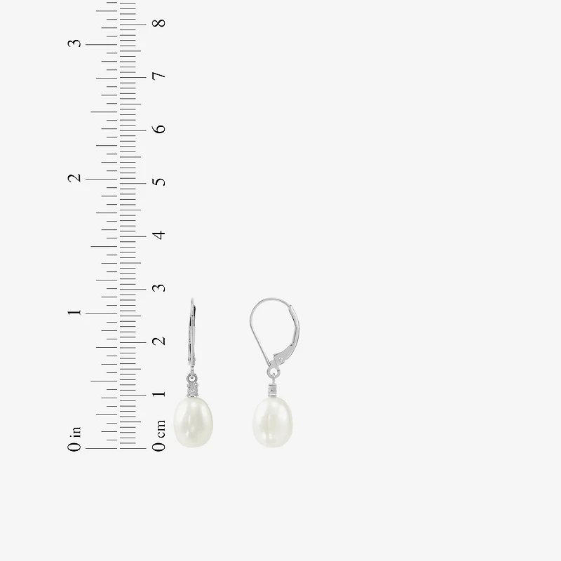 Womens Diamond Accent Natural White Cultured Freshwater Pearl 10K Gold Drop Earrings