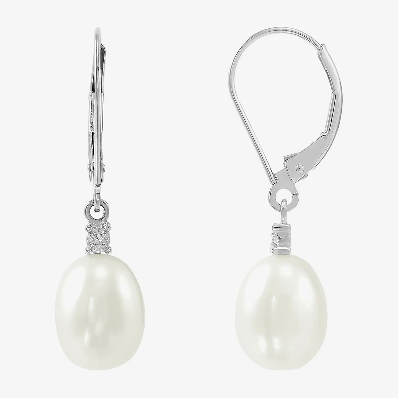Womens Diamond Accent Natural White Cultured Freshwater Pearl 10K Gold Drop Earrings