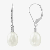 Womens Diamond Accent Natural White Cultured Freshwater Pearl 10K Gold Drop Earrings
