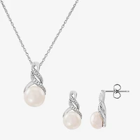 Womens Diamond Accent White Cultured Freshwater Pearl Pendant Necklace Set