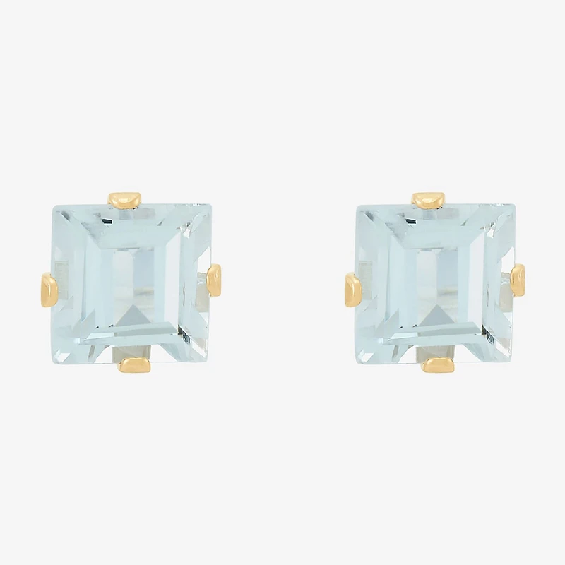 Genuine Blue Aquamarine 14K Gold 5mm Square Stud Earrings