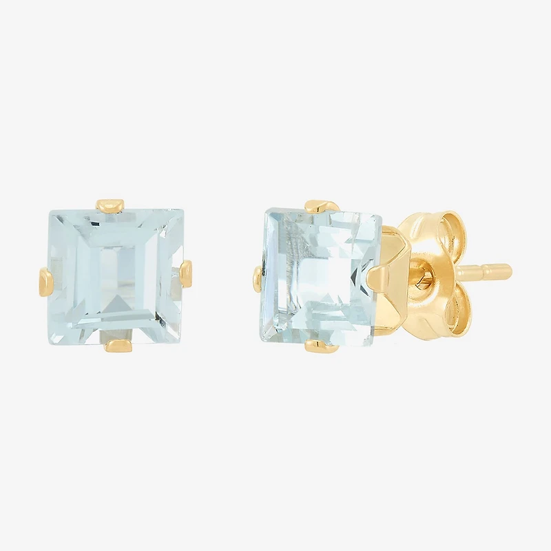 Genuine Blue Aquamarine 14K Gold 5mm Square Stud Earrings