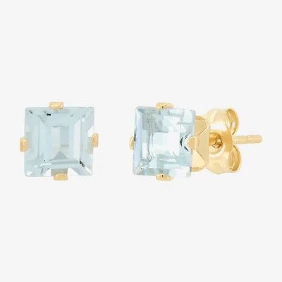 Genuine Blue Aquamarine 14K Gold 5mm Square Stud Earrings