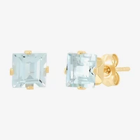 Genuine Blue Aquamarine 14K Gold 5mm Square Stud Earrings
