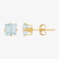 Genuine Blue Aquamarine 14K Gold 5mm Square Stud Earrings