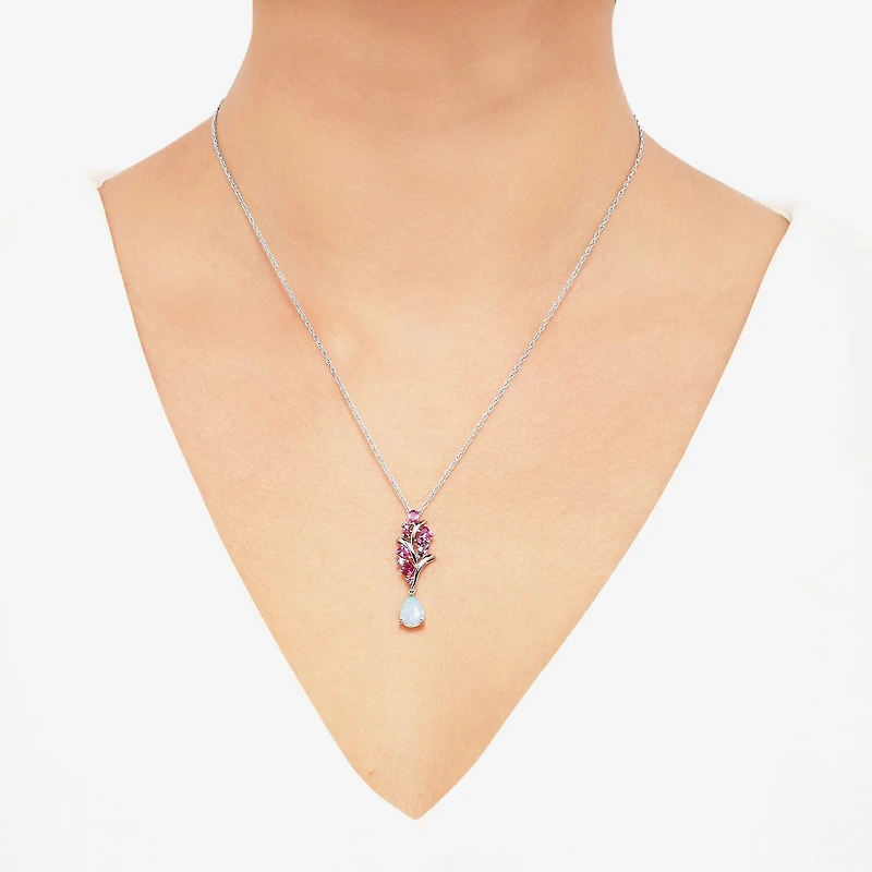 Womens Lab Created White Opal Sterling Silver Flower 18 Inch Pendant Necklace