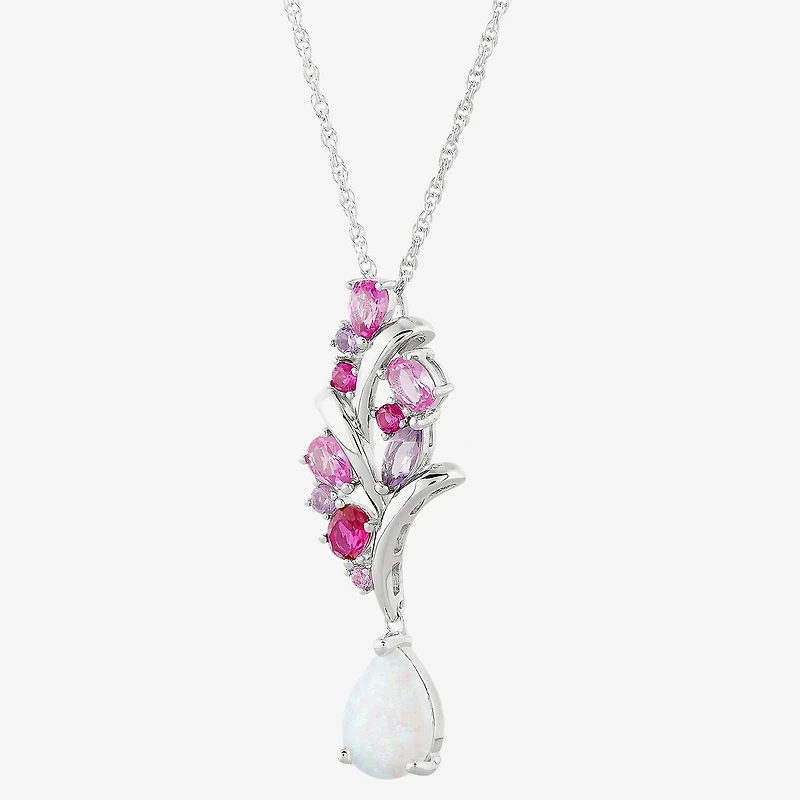 Womens Lab Created White Opal Sterling Silver Flower 18 Inch Pendant Necklace