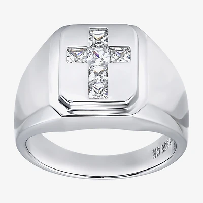 Mens Cubic Zirconia Sterling Silver Cross Signet Ring