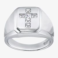 Mens Cubic Zirconia Sterling Silver Cross Signet Ring
