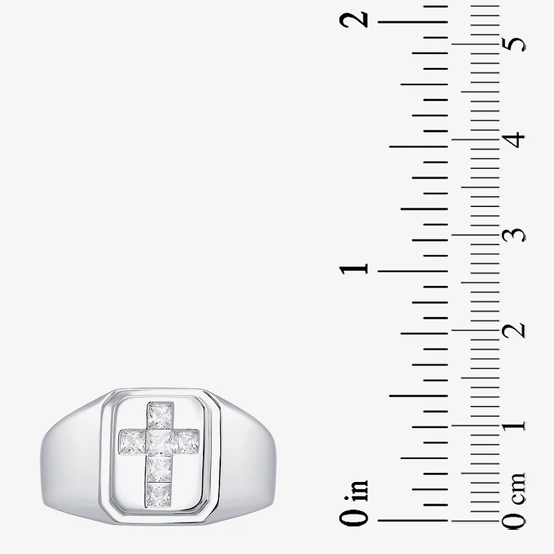 Mens Cubic Zirconia Sterling Silver Cross Signet Ring