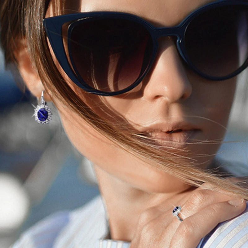 Womens Diamond Accent Lab Created Blue Sapphire Sterling Silver Oval Drop Earrings
