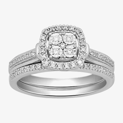Surrounded by Love Womens 1/5 CT. Natural White Diamond Sterling Silver Cushion Bridal Set