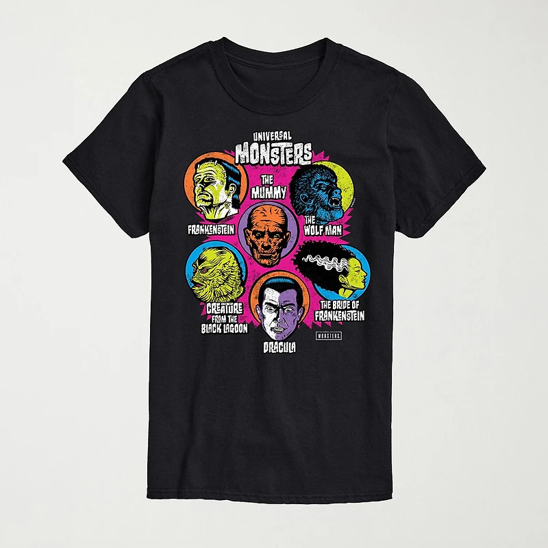 Universal Monsters Heads Mens Crew Neck Short Sleeve Regular Fit Graphic T-Shirt